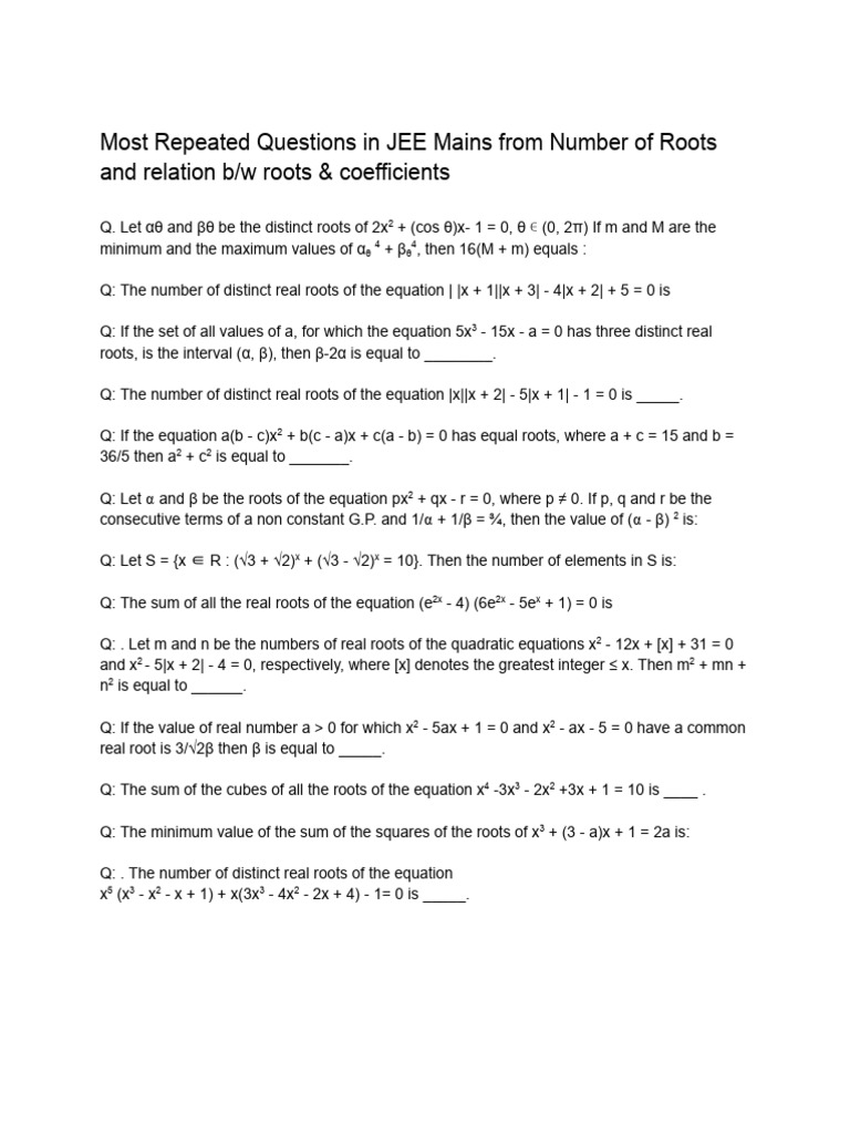 Most Repeated Questions in JEE Mains From Number of Roots and Relation ...