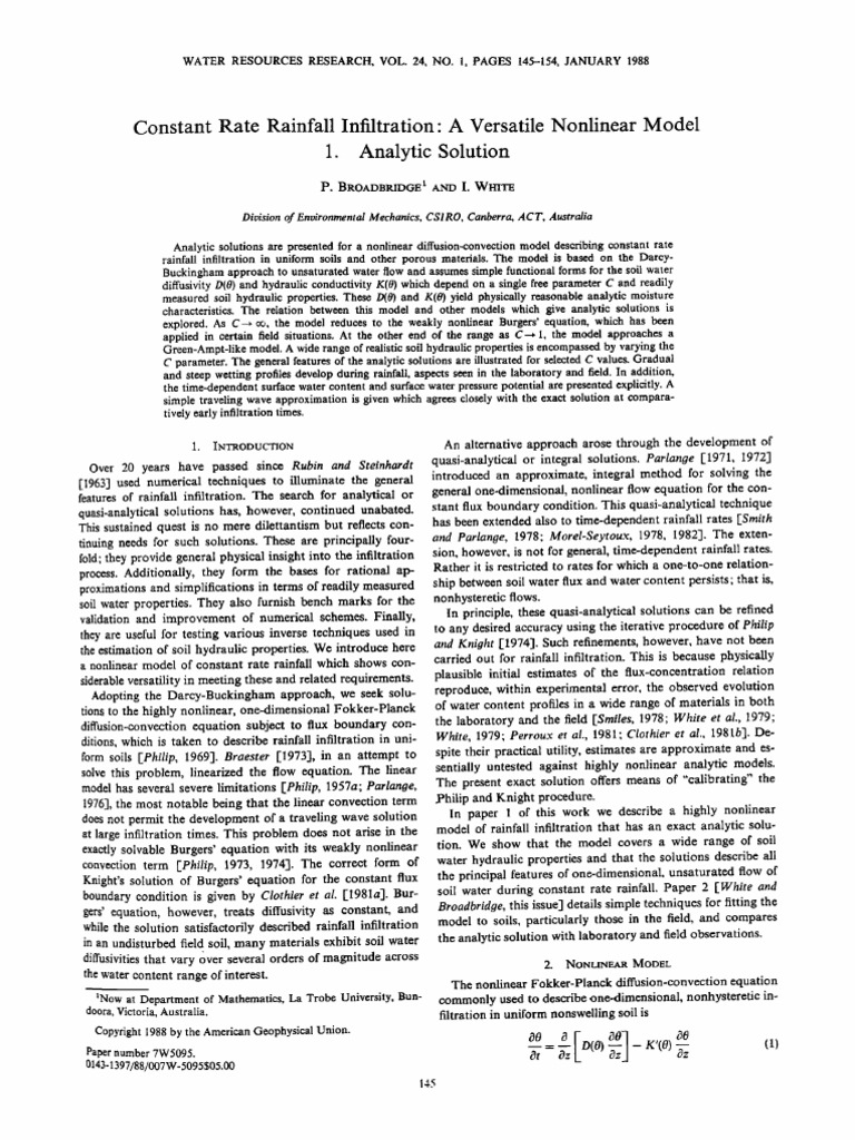 1988 - Broadbridge - Constant Rate Rainfall Infiltration A Versatile ...