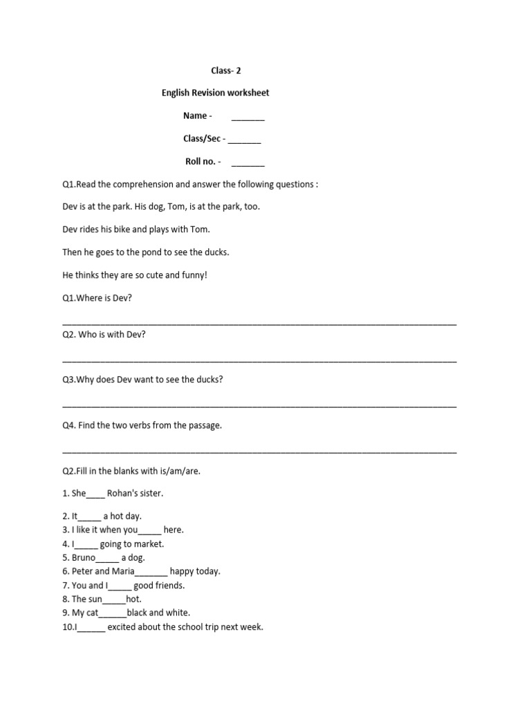 Class 2 English Revision Worksheet | PDF