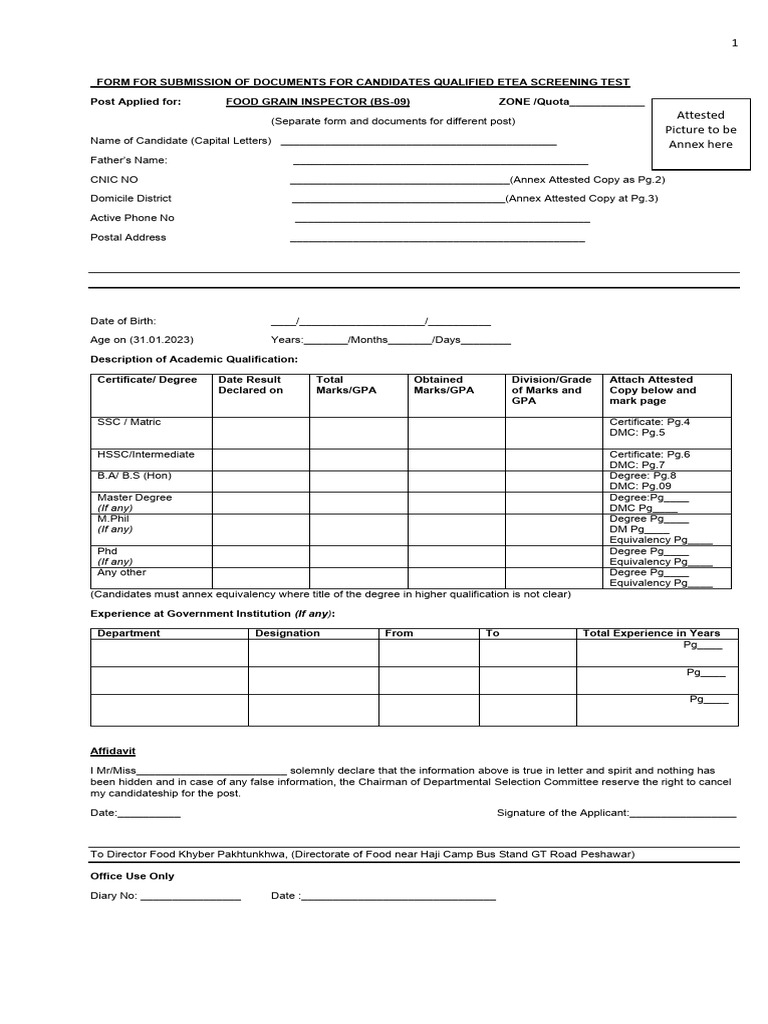 ETEA Food Grain Inspector Application Form | PDF | Academia | Higher ...