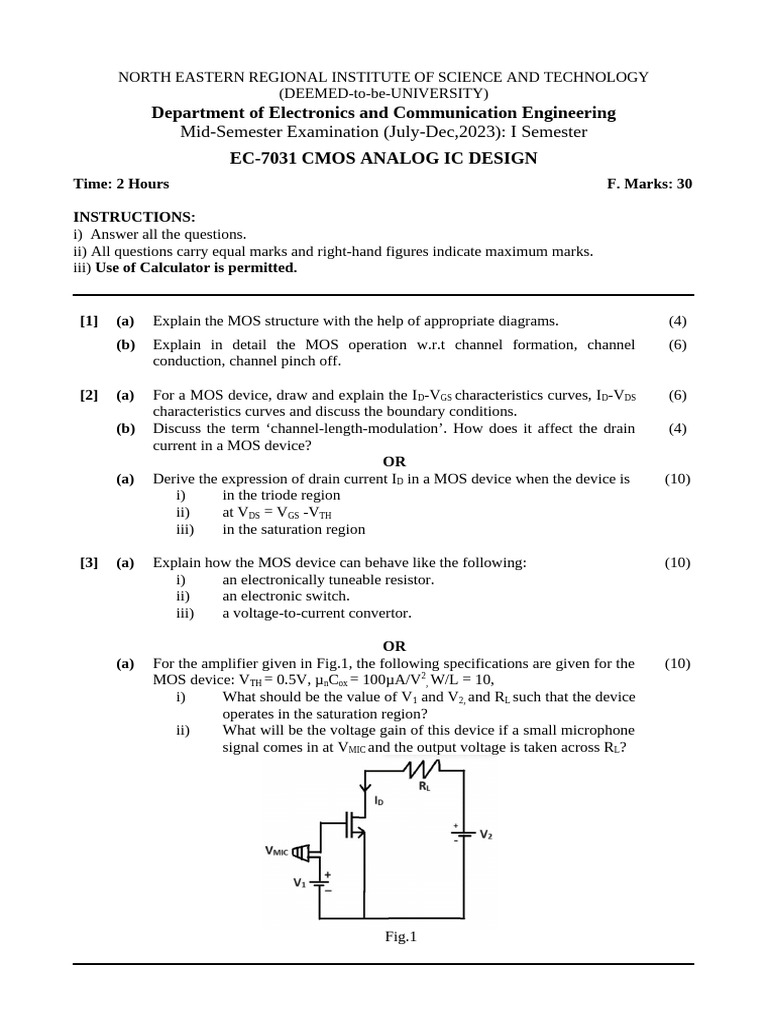 Ec7031 Cmos Analog Ic Dessign Midsem July-Dec 2023 | PDF