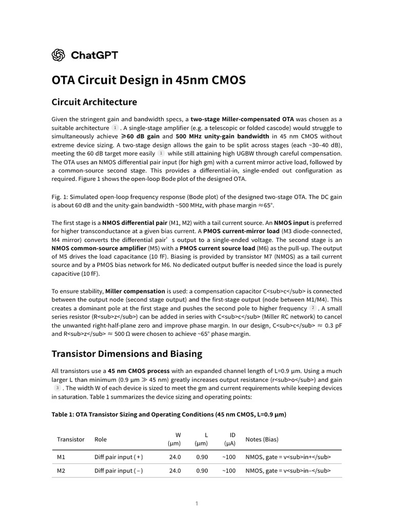 45nm CMOS Two-Stage OTA Design | PDF | Mosfet | Amplifier