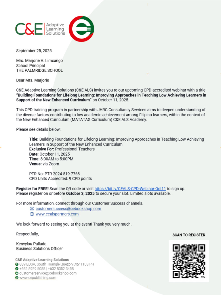 Invitation Letter CPD Webinar Palmridge | PDF