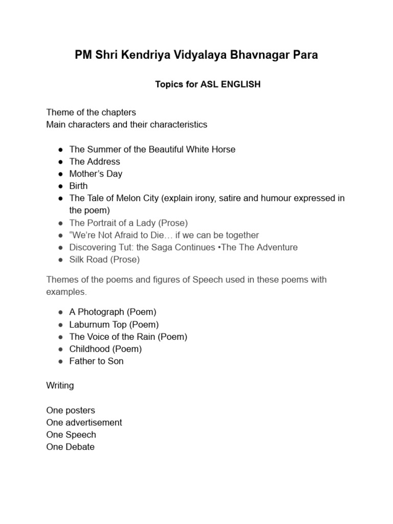 ASL English Topics for Kendriya Vidyalaya | PDF