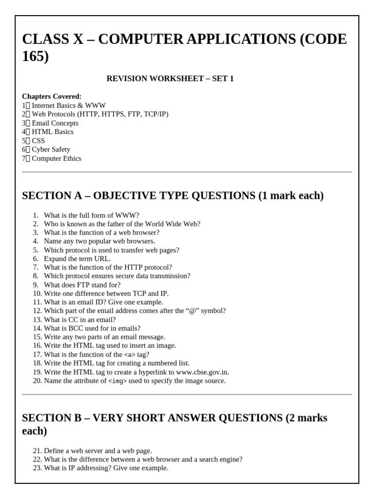 Class 10 Computer Applications Worksheet | PDF | World Wide Web ...
