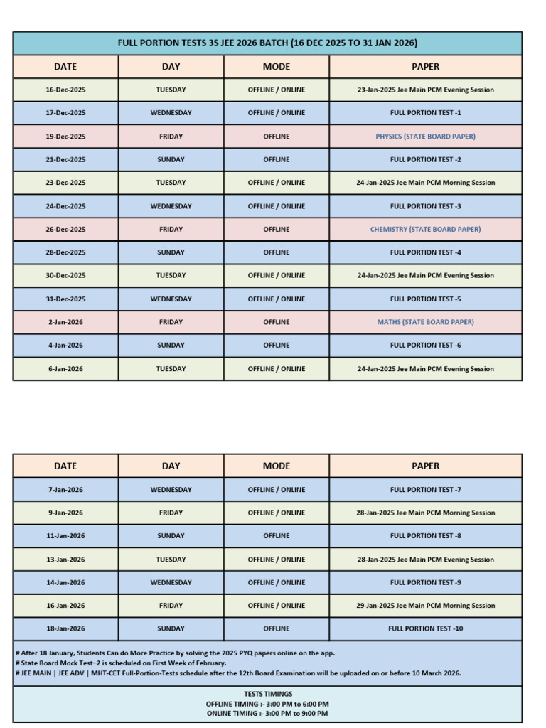 JEE 2026 Full Portion Test Schedule | PDF | Academia | Academic ...
