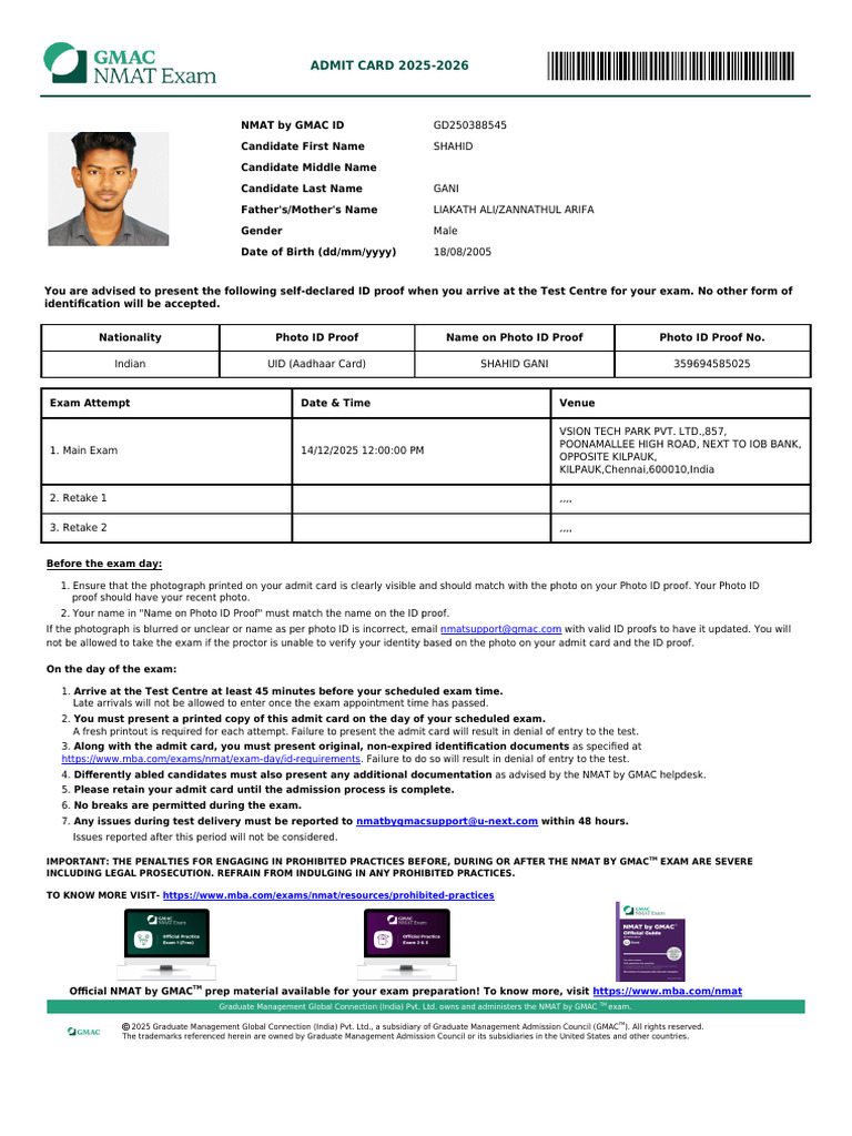 NMAT Admit Card 2025-2026 Details | PDF