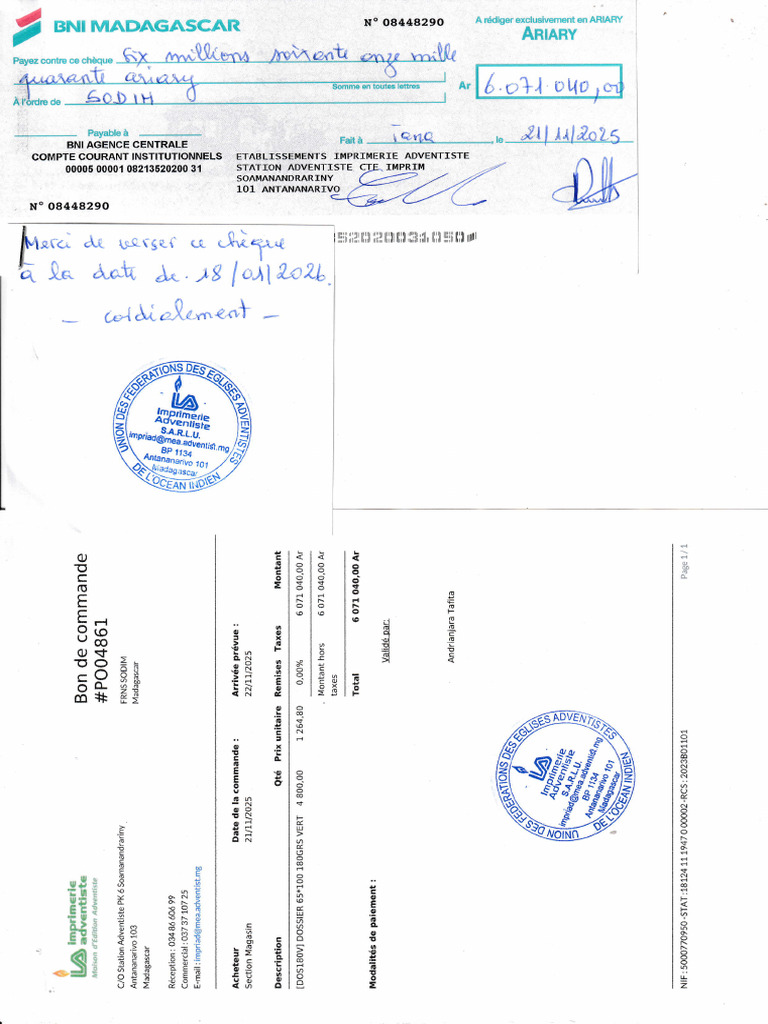 Chèque BNI Madagascar à payer | PDF