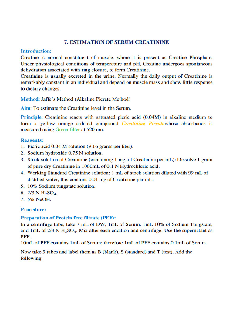 Estimation of Serum Creatinine | PDF
