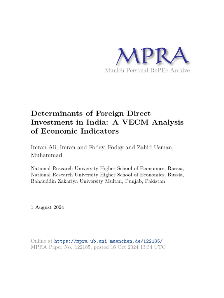 FDI Determinants in India: VECM Analysis | PDF | Foreign Direct ...