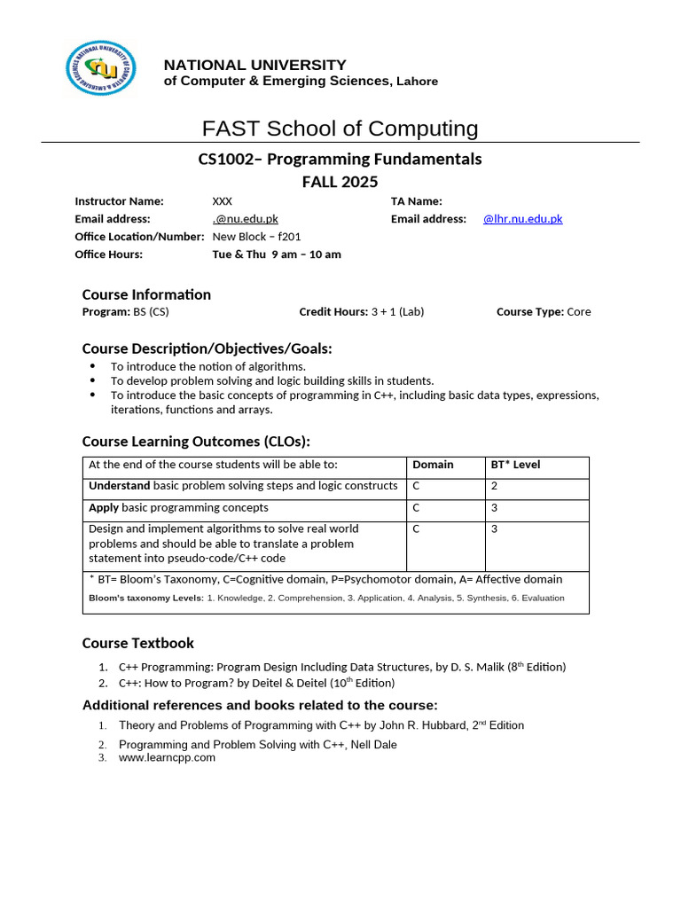 PF (CS-1002) Course Outline Fall 2025 | PDF | Computer Program ...