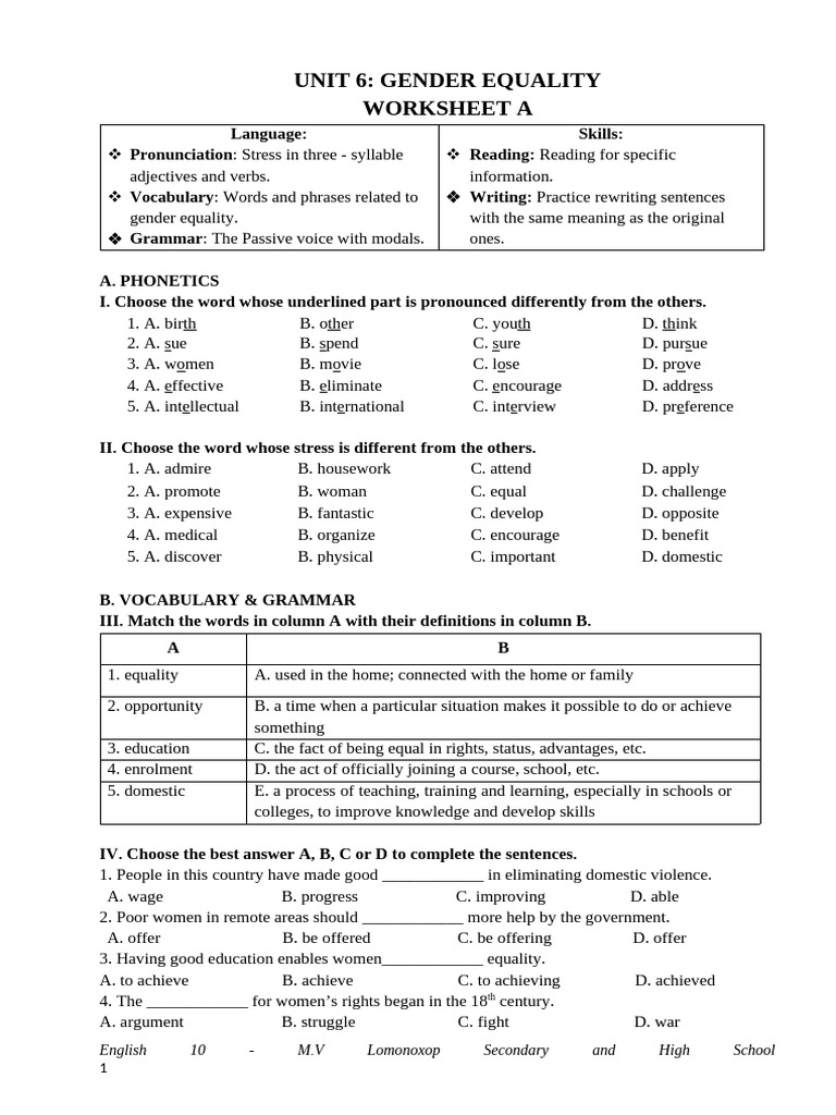 Gender Equality Language and Skills Worksheet | PDF | Gender Equality ...