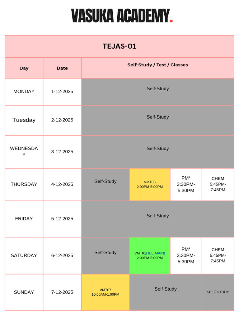Weekly Study Schedule for JEE Prep | PDF