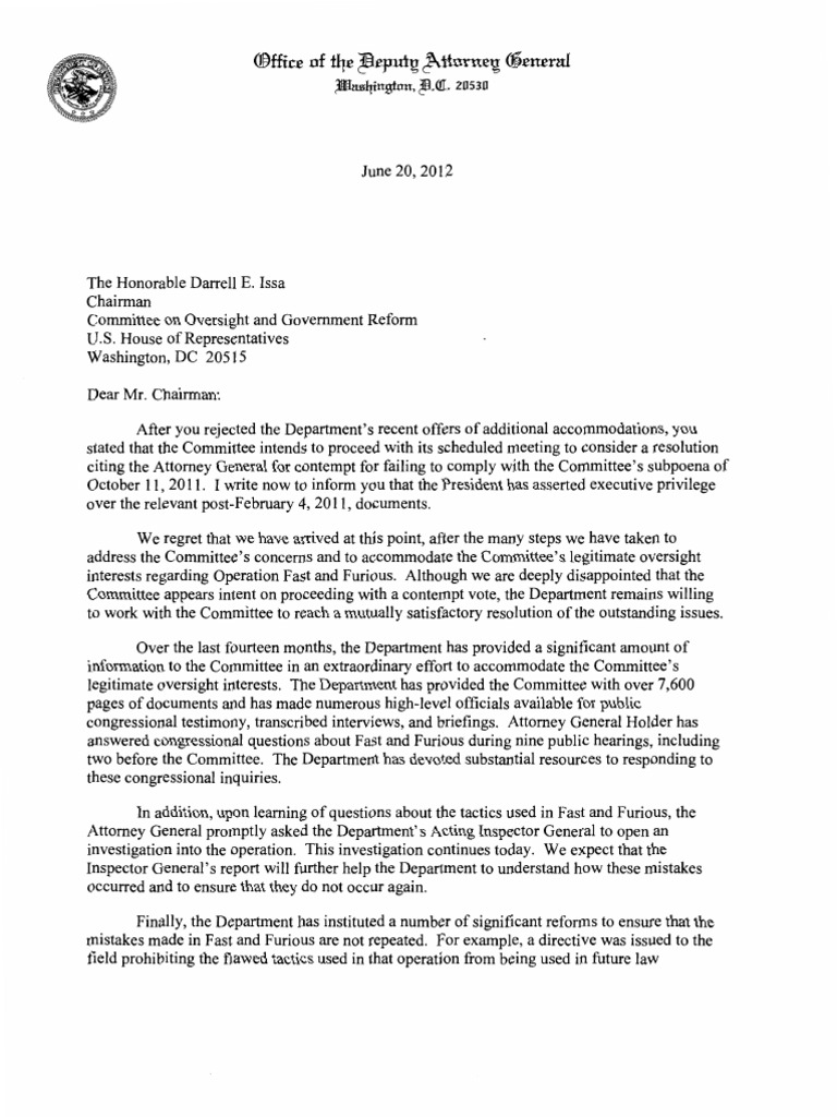 Executive Privilege Letter PDF Executive Privilege Eric Holder