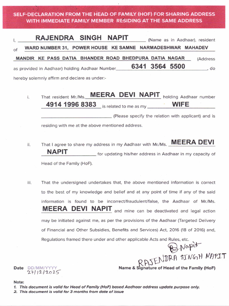 Self Declaration From The Head of Family | PDF