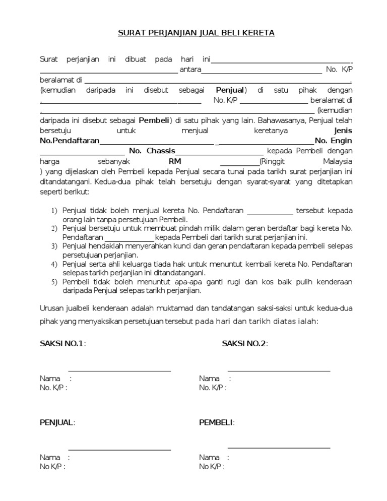 Surat Perjanjian Jual Beli Kereta A Pdf