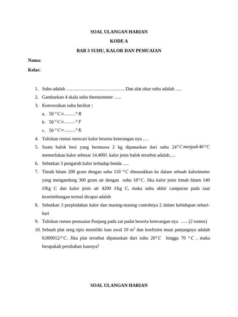 Soal Ulangan Suhu dan Kalor Kelas 3 | PDF