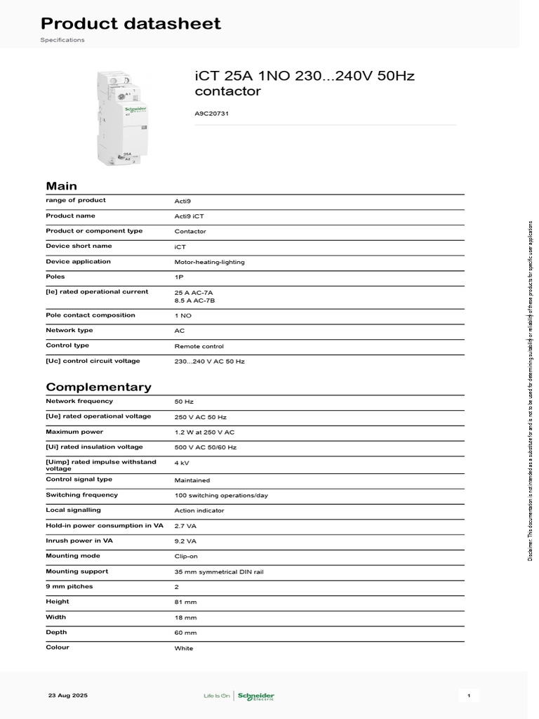 Acti9 iCT 25A Contactor Specifications | PDF | Alternating Current ...