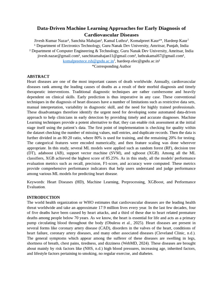 Early Heart Disease Diagnosis with ML | PDF | Machine Learning ...