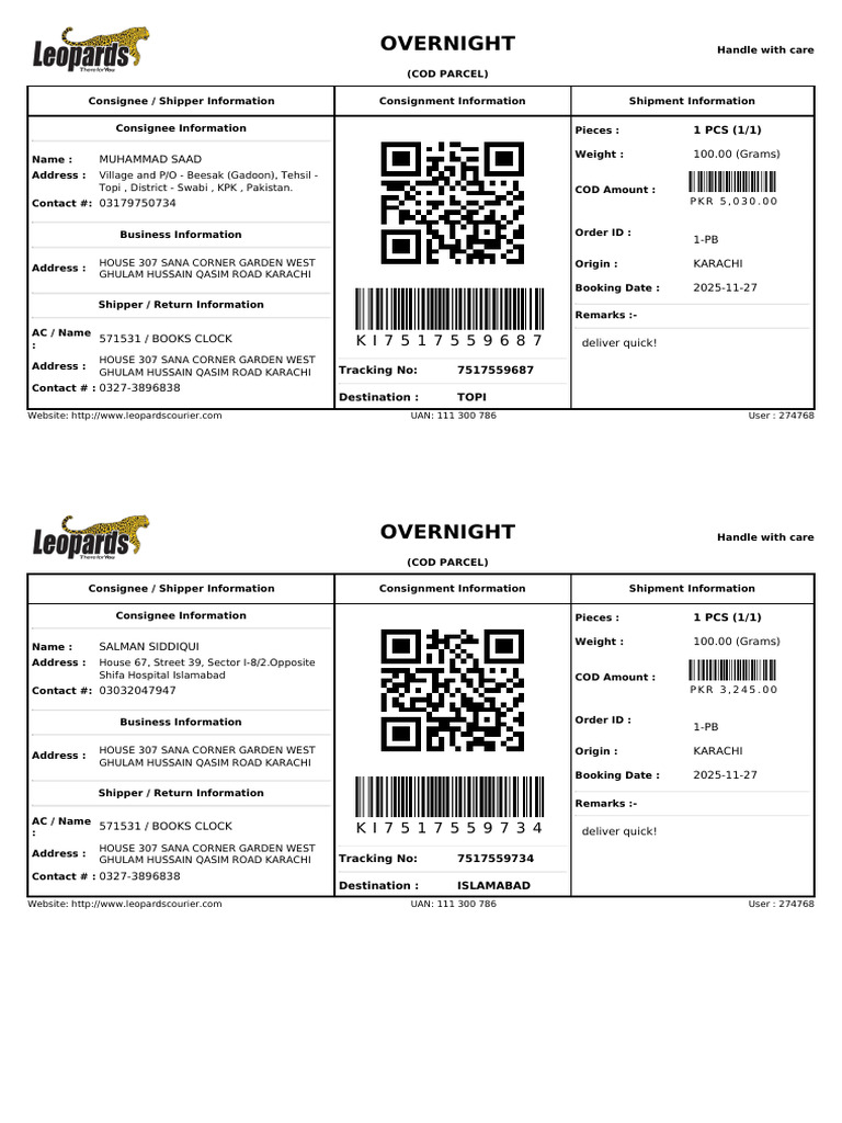 Overnight COD Parcel Shipment Details | PDF