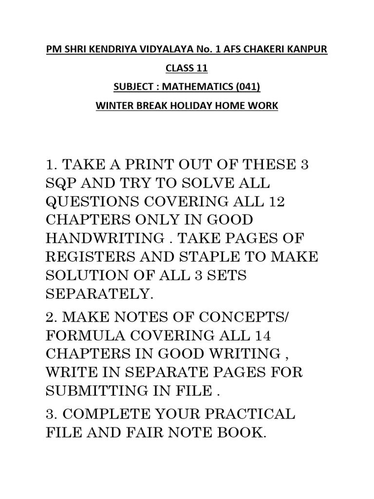 Class 11 Mathematics Winter Homework | PDF | Mathematics