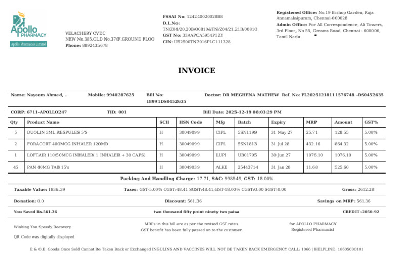Velachery Pharmacy Invoice Details | PDF | Governance | Public ...