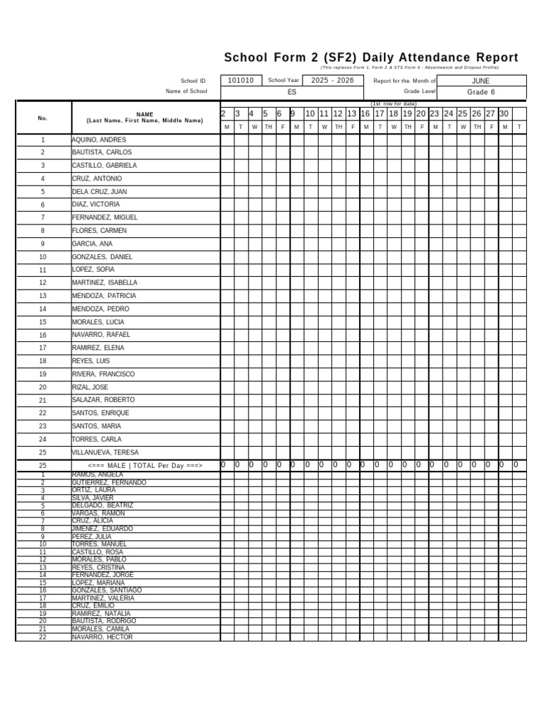 SF2 Daily Attendance Report June 2026 | PDF