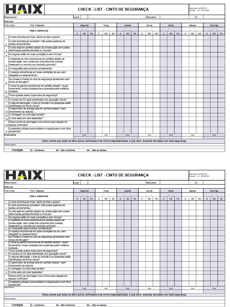 Check List - Cinto de Seg - Semanal - Rev 02.2025 | PDF
