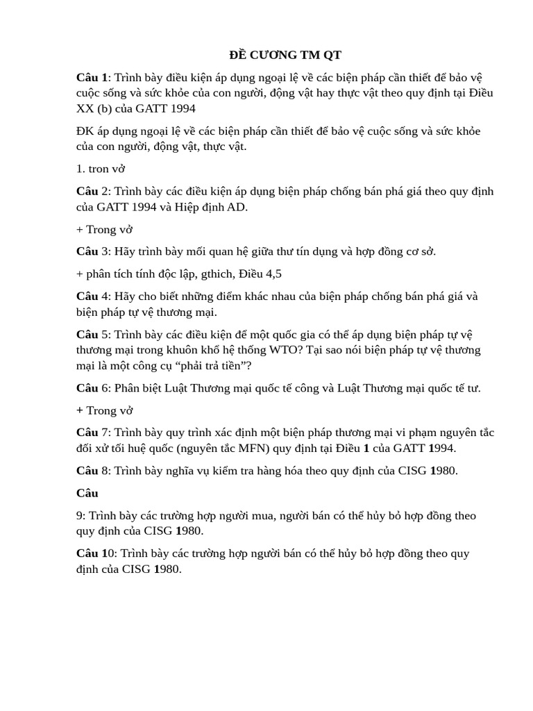 ĐỀ CƯƠNG TM QT | PDF