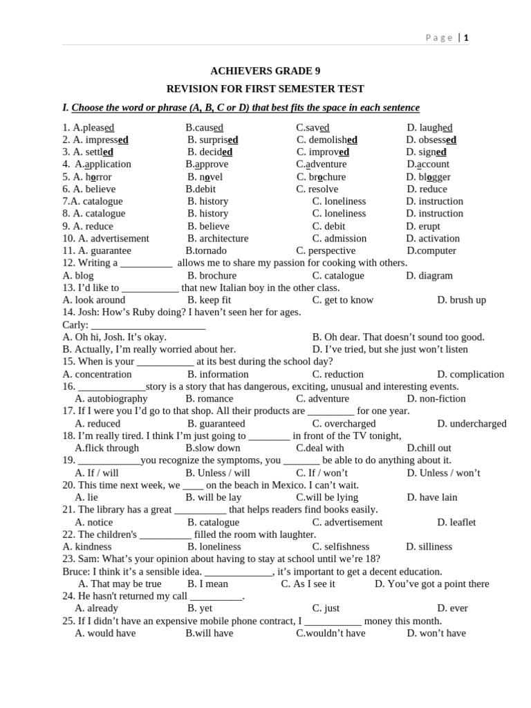 Grade 9 First Semester Test Revision | PDF | Laughter