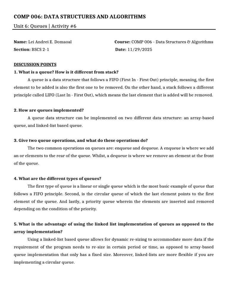 Activity#6 Queues Domaoal LeiAndrei | PDF | Queue (Abstract Data Type ...