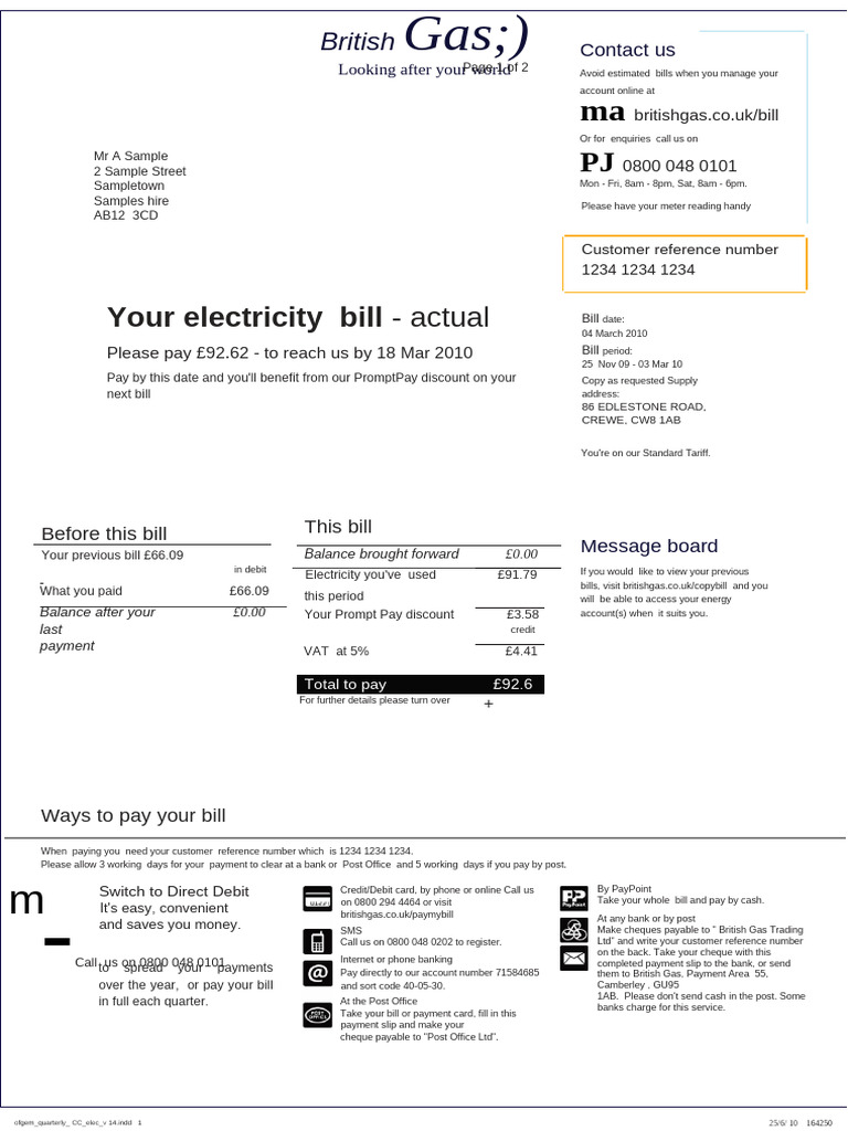 British Gas Electricity Bill Summary | PDF | Payments | Cheque