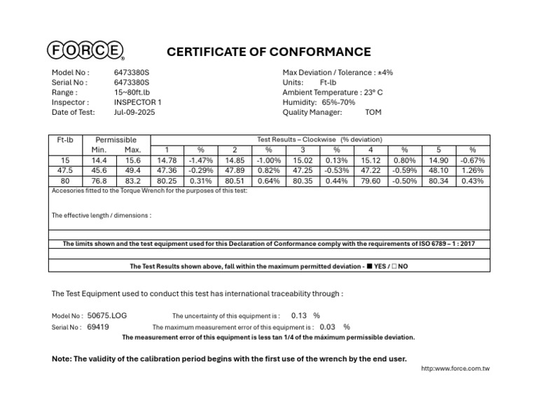 Certificate of Conformance for Torque Wrench | PDF