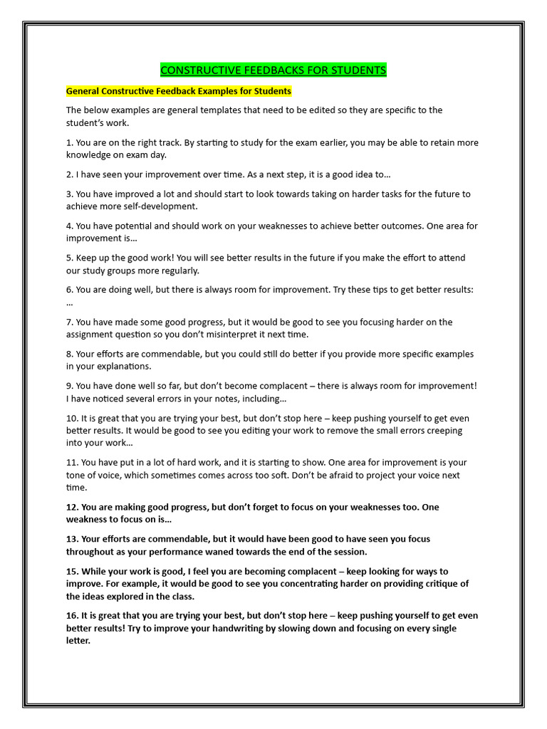 Constructive Feedback Examples for Students | PDF | Essays | Homework