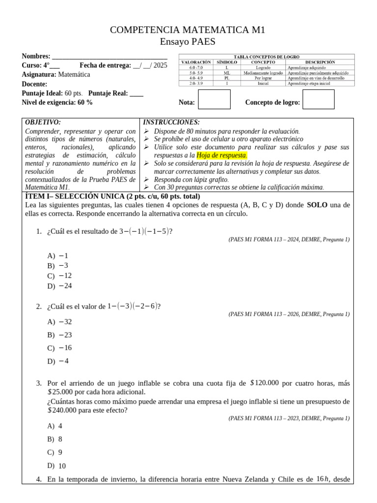 Evaluación Matemática PAES M1 2025 | PDF