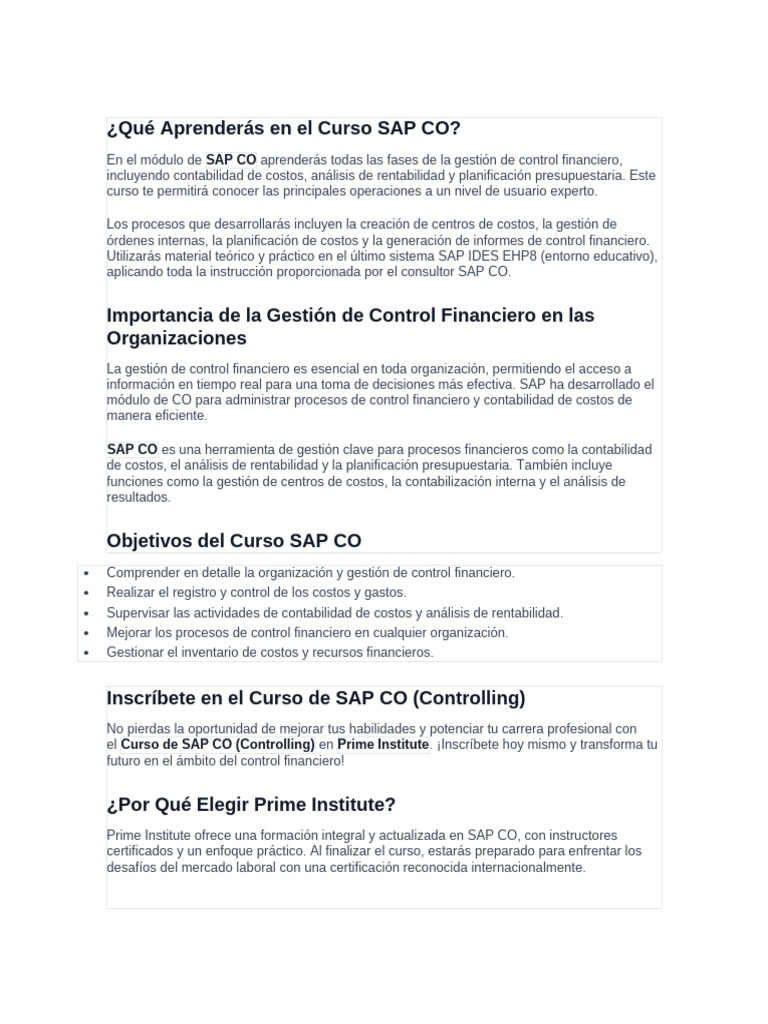 Qué Aprenderás en El Curso SAP CO | PDF | Costo | Contabilidad