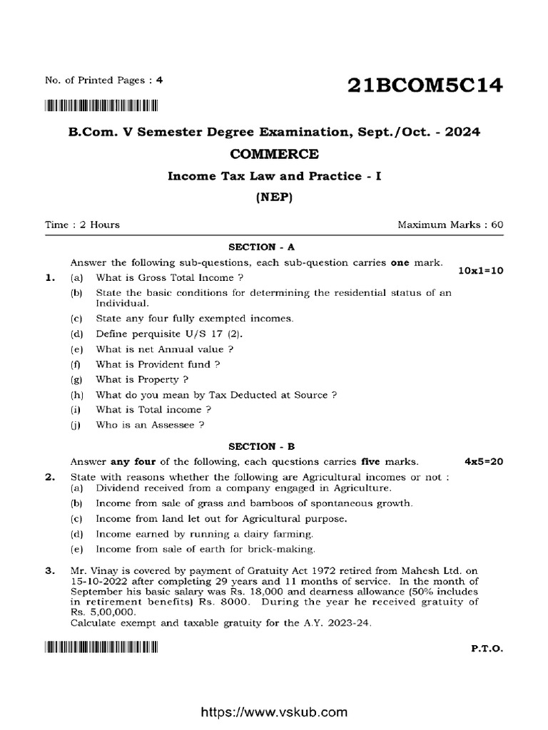 Bcom 5 Sem Commerce Income Tax Law and Practice 1 21bcom5c14 Oct 2024 | PDF
