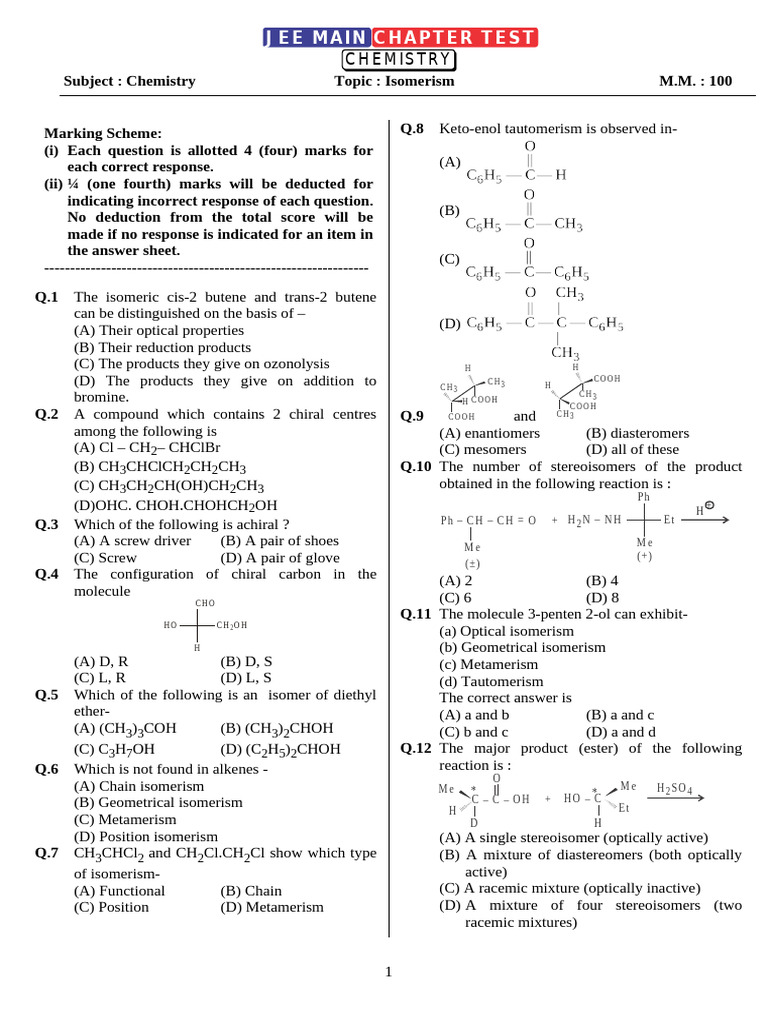 Chapter Test-13 (Isomerism) | PDF | Isomer | Organic Chemistry
