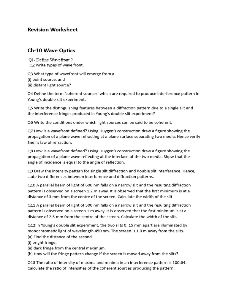 Revision Workshee For PT-2 | PDF | Diffraction | Electron