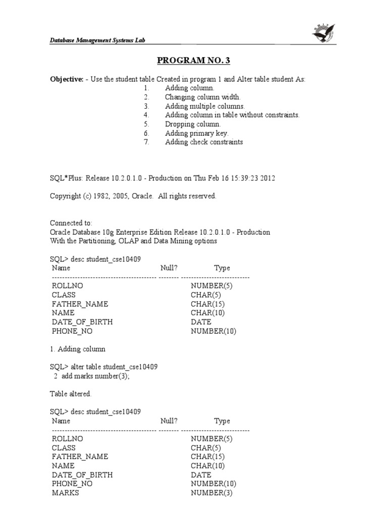 Dbms Program 3 Mdu Oracle Database Databases