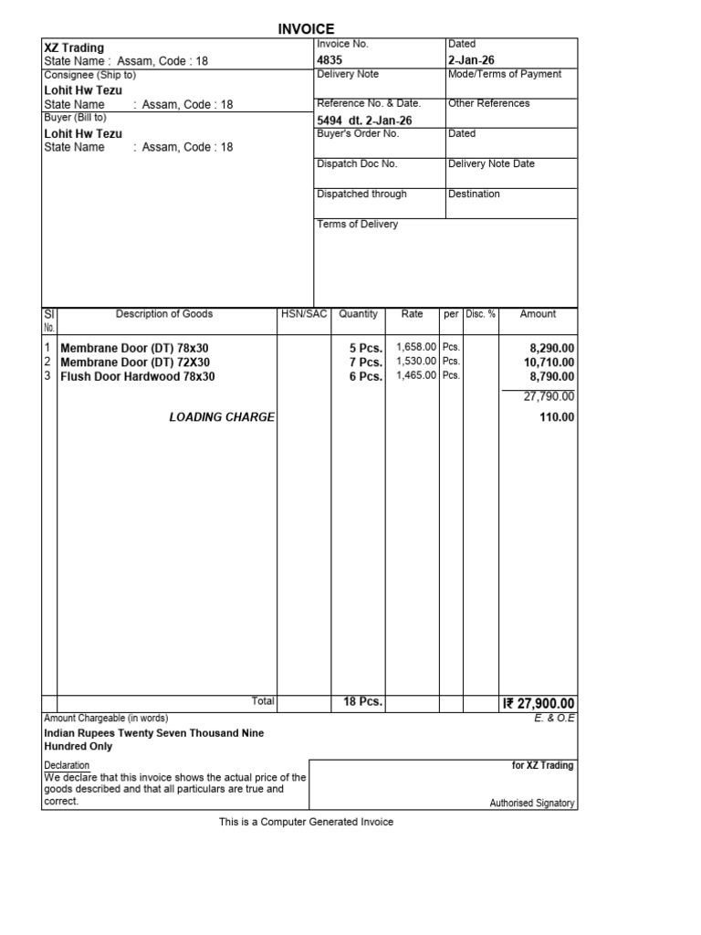Invoice for Membrane and Flush Doors | PDF