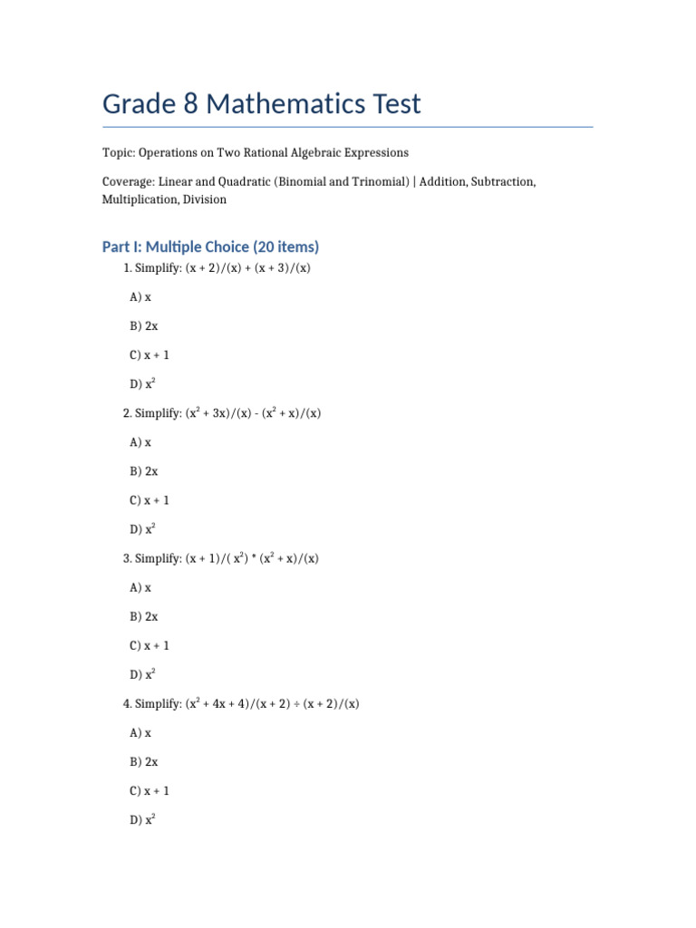 Grade 8 Rational Expressions Test | PDF | Mathematics | Chess Theory