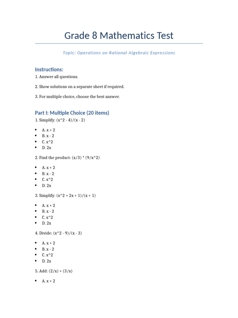 Grade 8 Rational Algebraic Expressions Test | PDF | Rational Number ...