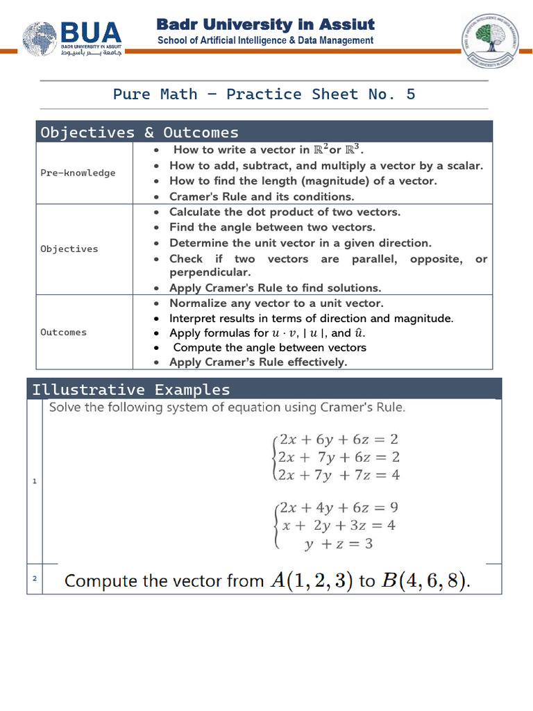 Pure Math Practice: Vectors & Cramer's Rule | PDF