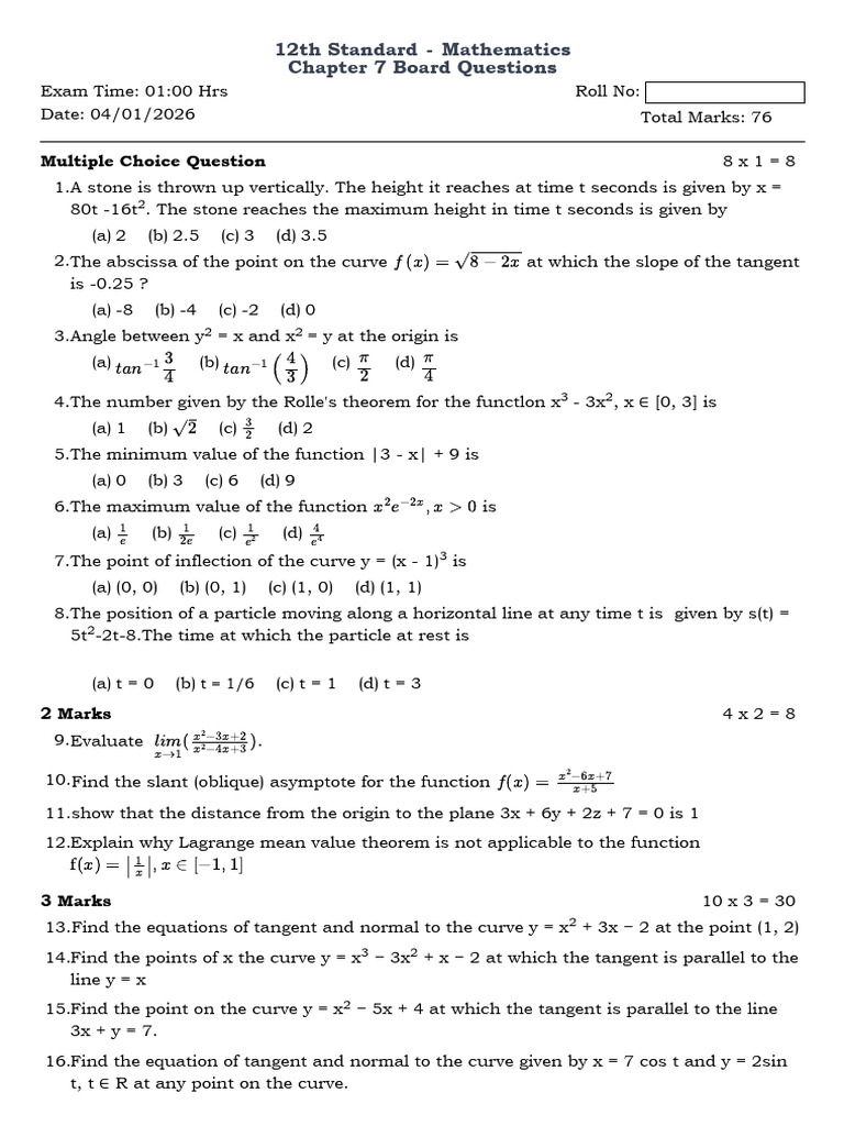 12th Grade Math Chapter 7 Exam Questions | PDF | Tangent | Asymptote