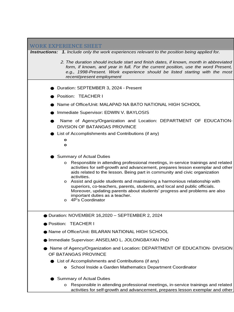 Teacher Work Experience Summary | PDF | Business