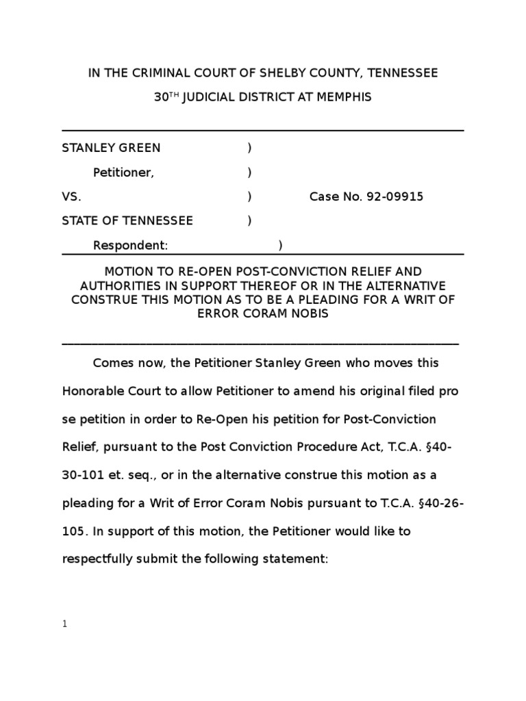 Motion to Reconsider Coram Nobis Probation