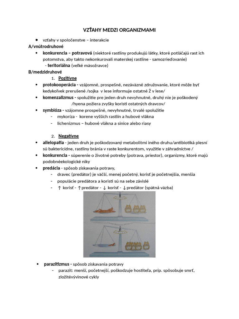 Vzťahy Medzi Organizmami, Word | PDF
