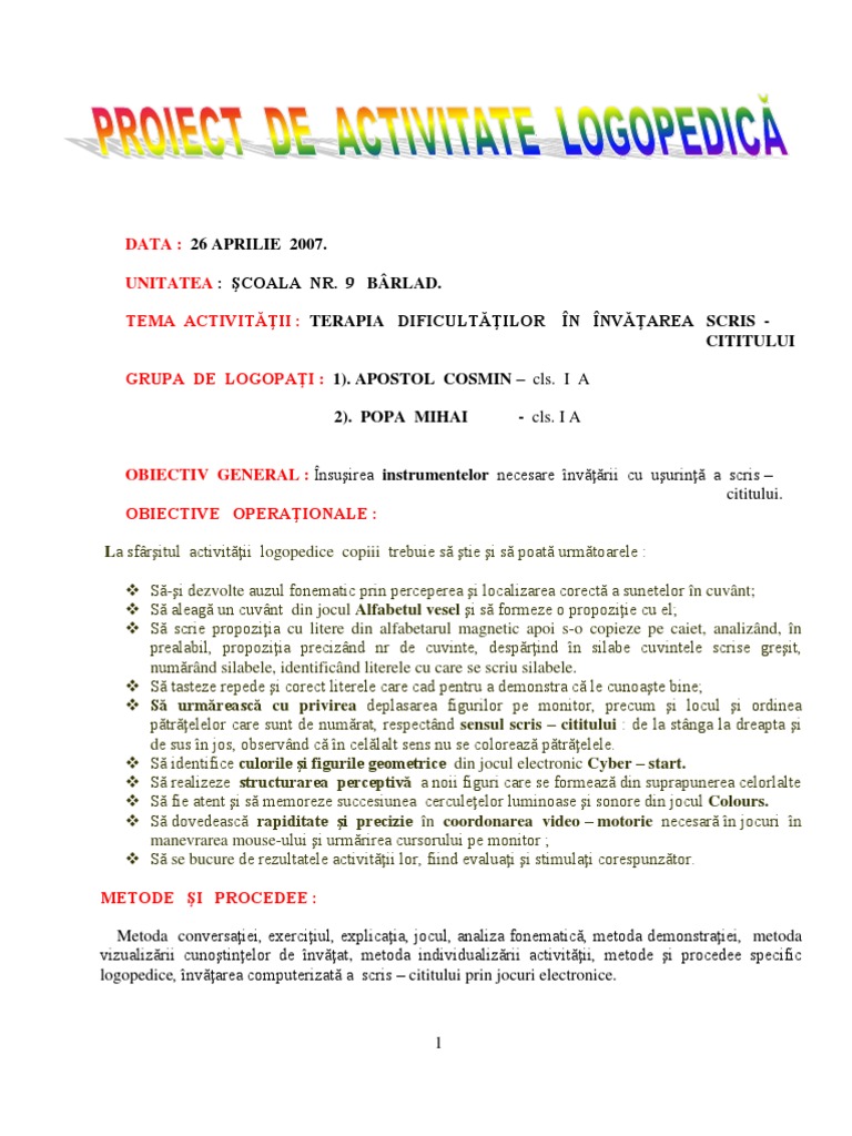 Proiect De Activitate Logopedica