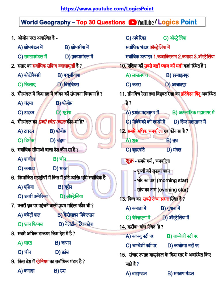 World Geography - Top 30 Questions | PDF